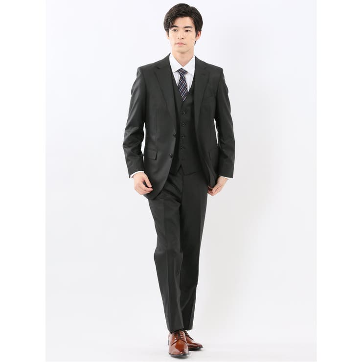 光沢ウール混 スリムフィット 2ボタン3ピーススーツ シャドーストライプ黒 | TAKA-Q MEN | 詳細画像4 