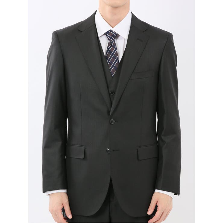 光沢ウール混 スリムフィット 2ボタン3ピーススーツ シャドーストライプ黒 | TAKA-Q MEN | 詳細画像5 