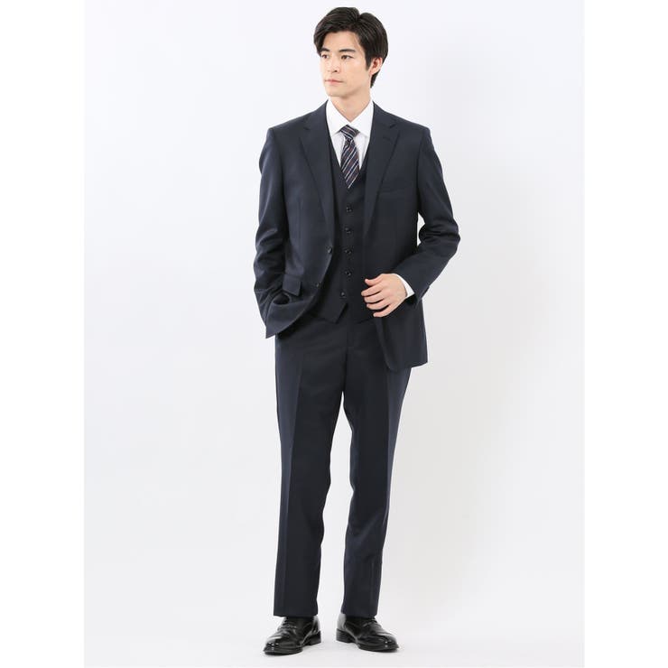 75紺 | 光沢ウール混 レギュラーフィット 2ボタン3ピーススーツ ツイル紺 | TAKA-Q MEN