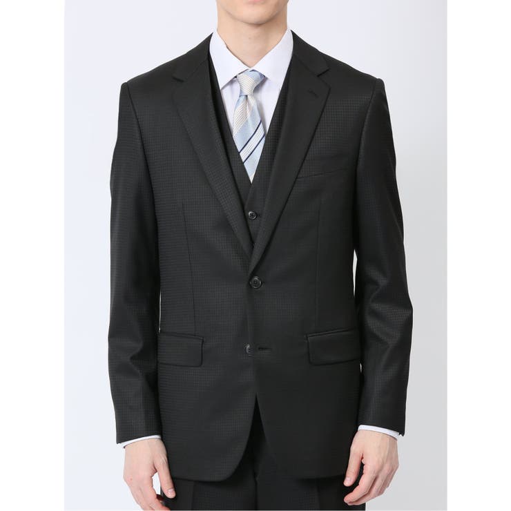 光沢ウール混 スリムフィット 2ボタン3ピーススーツ 千鳥黒 | TAKA-Q MEN | 詳細画像4 