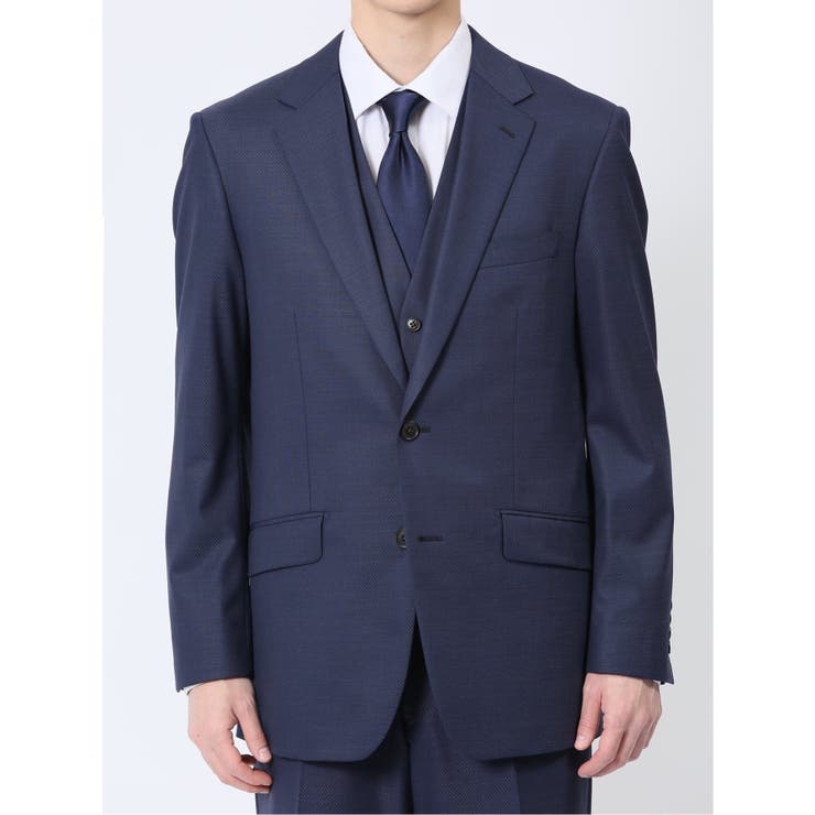 光沢ウール混 レギュラーフィット 2ボタン3ピーススーツ 組織紺 | TAKA-Q MEN | 詳細画像4 