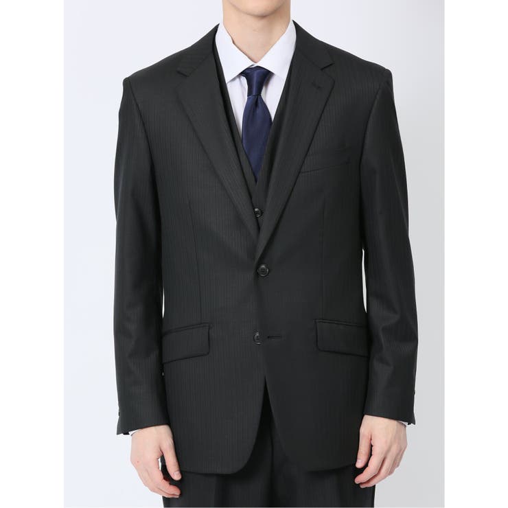 光沢ウール混 レギュラーフィット 2ボタン3ピーススーツ ストライプ黒 | TAKA-Q MEN | 詳細画像4 