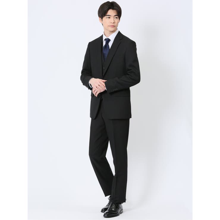 05黒 | ストレッチウォッシャブル スリムフィット 2ボタン3ピーススーツ 組織黒 | TAKA-Q MEN