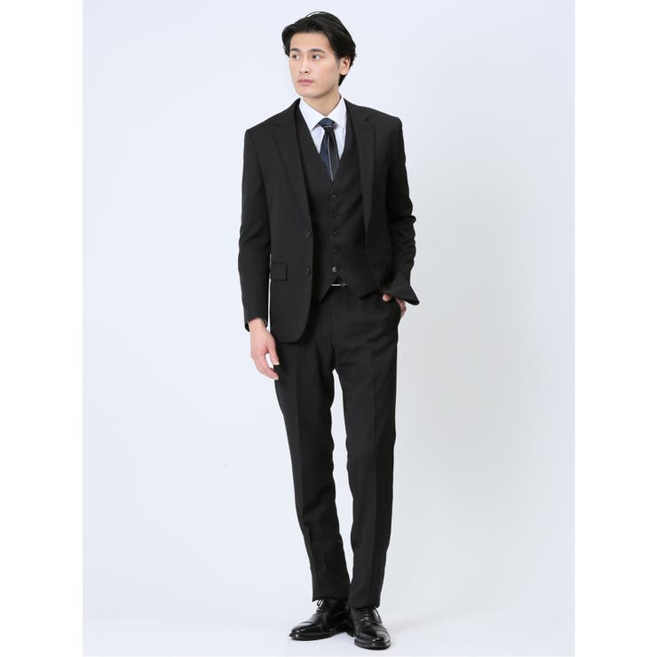 05黒 | ストレッチウォッシャブル スリムフィット 2ボタン3ピーススーツ ストライプ黒 | TAKA-Q MEN