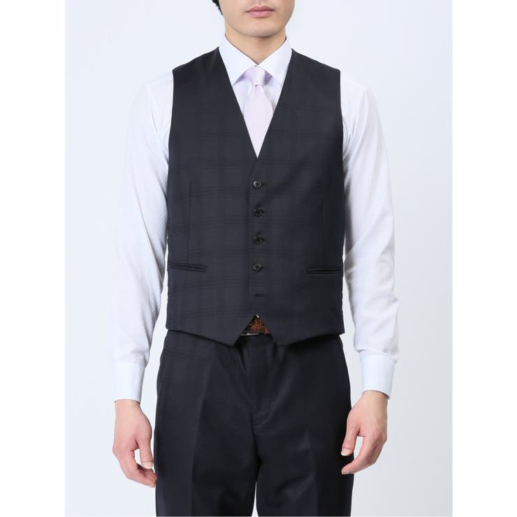 光沢ウール混 スリムフィット 2ボタン3ピーススーツ シャドーチェック紺 | TAKA-Q MEN | 詳細画像9 