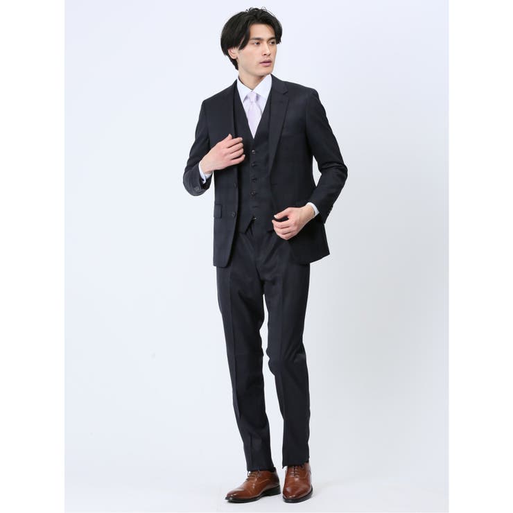 75紺 | 光沢ウール混 スリムフィット 2ボタン3ピーススーツ シャドーチェック紺 | TAKA-Q MEN