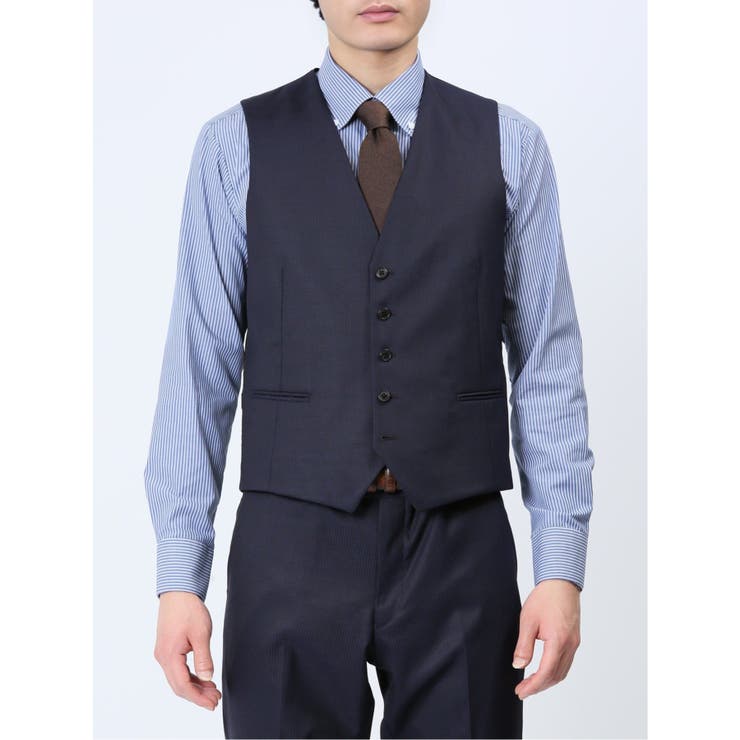 光沢ウール混 スリムフィット 2ボタン3ピーススーツ シャドーストライプ紺 | TAKA-Q MEN | 詳細画像9 