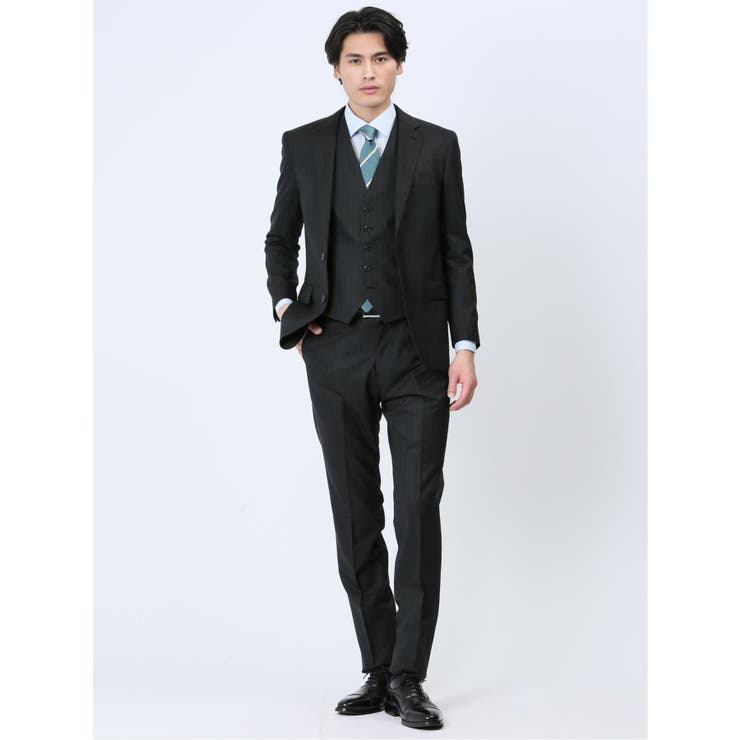 05黒 | 光沢ウール混 スリムフィット 2ボタン3ピーススーツ シャドーストライプ黒 | TAKA-Q MEN