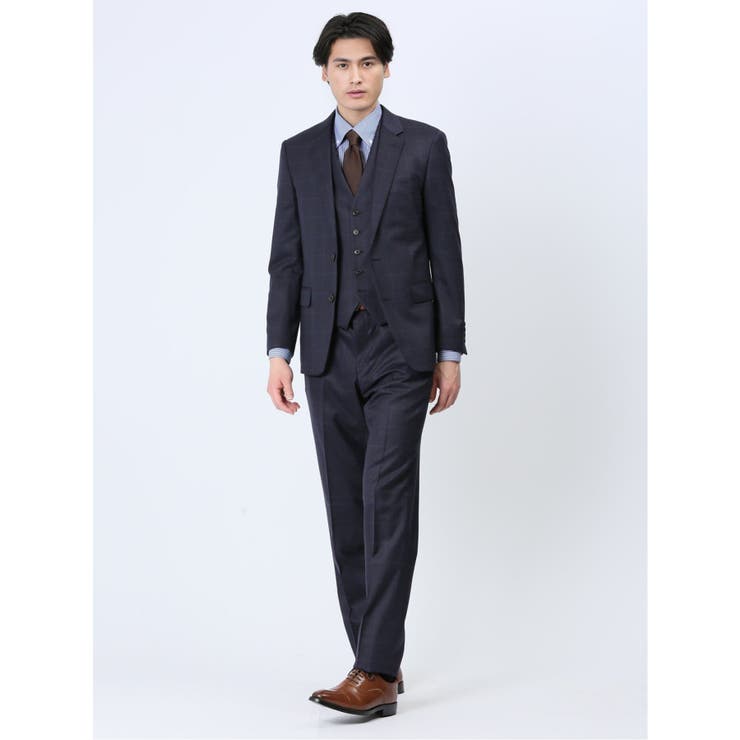 70青 | 光沢ウール混 スリムフィット 2ボタン3ピーススーツ ウィンドペン青 | TAKA-Q MEN