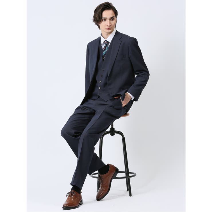 75紺 | ストレッチウォッシャブル レギュラーフィット 2ボタン3ピーススーツ 組織紺 | TAKA-Q MEN