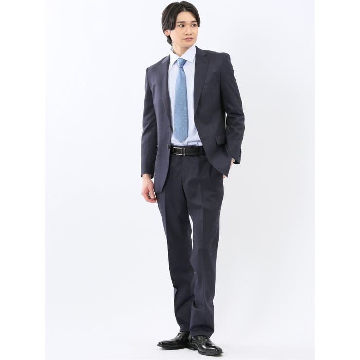 光沢ウール混 スリムフィット 2ボタン2ピーススーツ チェック紺 | TAKA-Q MEN | 詳細画像1 