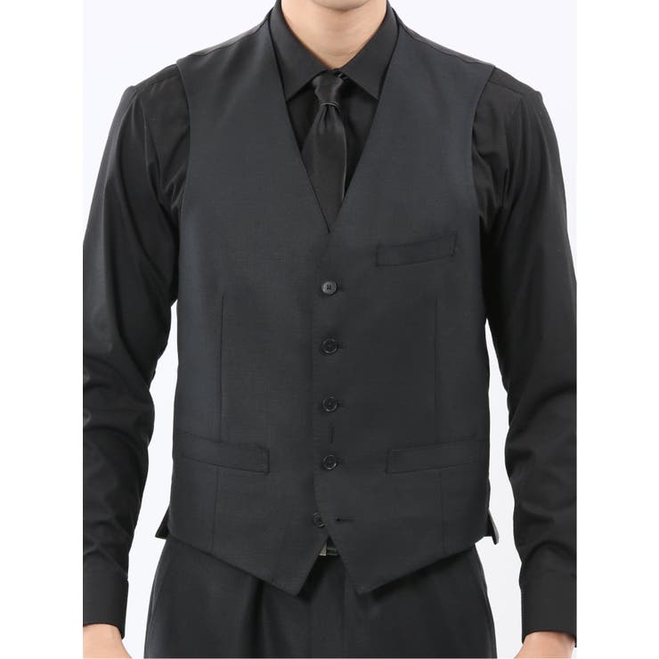 光沢ウール混 スリムフィット 2ボタン3ピーススーツ 組織黒 | TAKA-Q MEN | 詳細画像10 