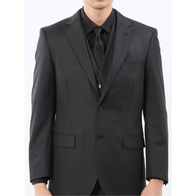 光沢ウール混 スリムフィット 2ボタン3ピーススーツ 組織黒 | TAKA-Q MEN | 詳細画像4 