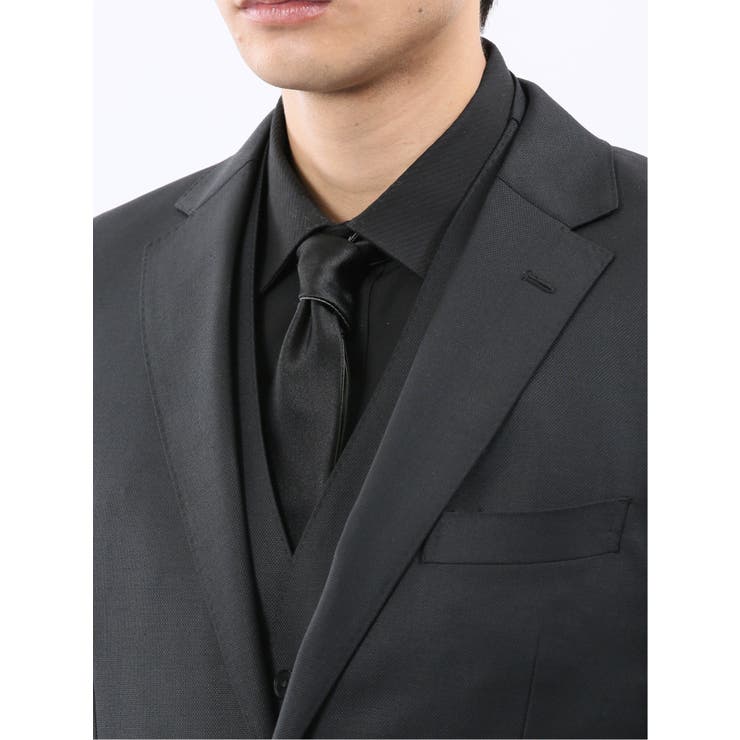 光沢ウール混 スリムフィット 2ボタン3ピーススーツ 組織黒 | TAKA-Q MEN | 詳細画像7 