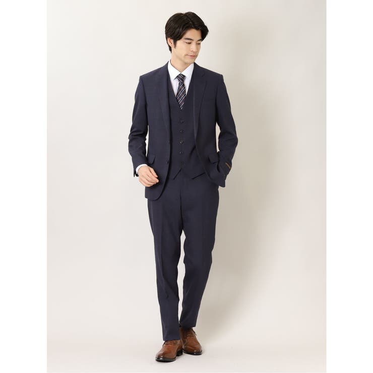 75紺 | ウール混 スリムフィット 2ボタン3ピーススーツ 杢チェック紺 | TAKA-Q MEN