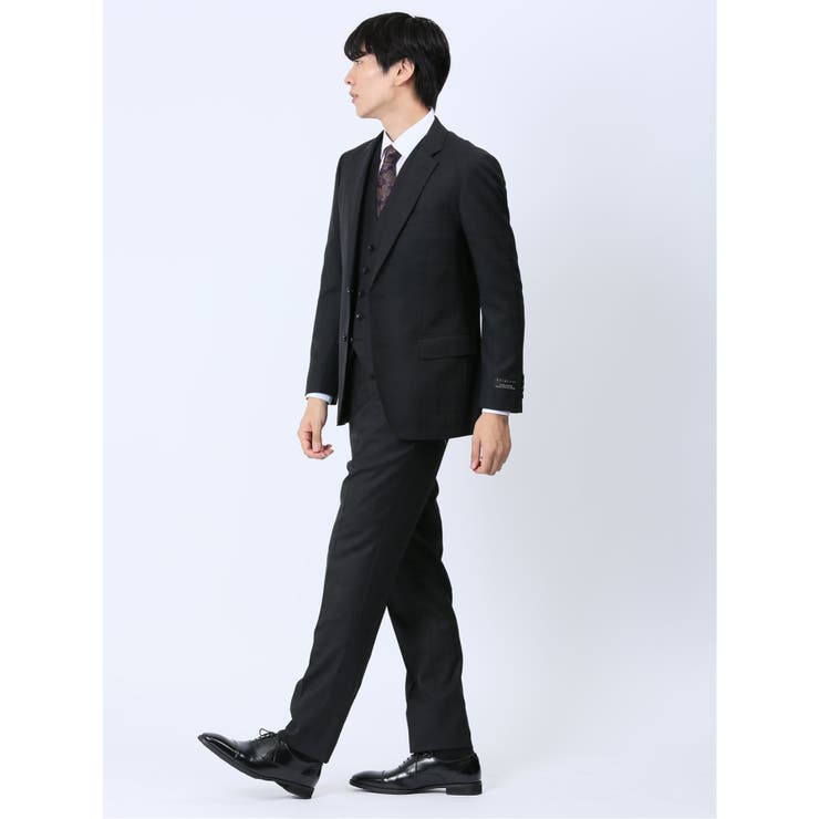 光沢ウール混 スリムフィット 2ボタン3ピーススーツ シャドーチェック