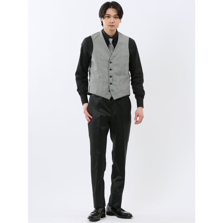 光沢ウール混 スリムフィット 2ボタン3ピーススーツ 黒無地 | TAKA-Q MEN | 詳細画像10 