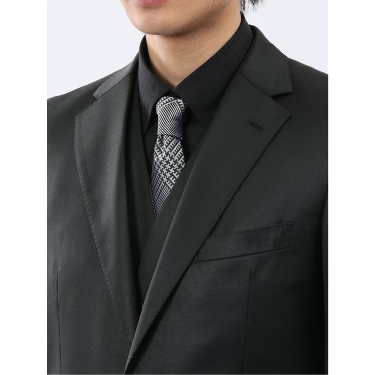 光沢ウール混 スリムフィット 2ボタン3ピーススーツ 黒無地 | TAKA-Q MEN | 詳細画像6 