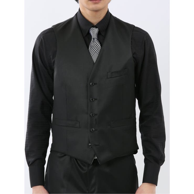 光沢ウール混 スリムフィット 2ボタン3ピーススーツ 黒無地 | TAKA-Q MEN | 詳細画像8 