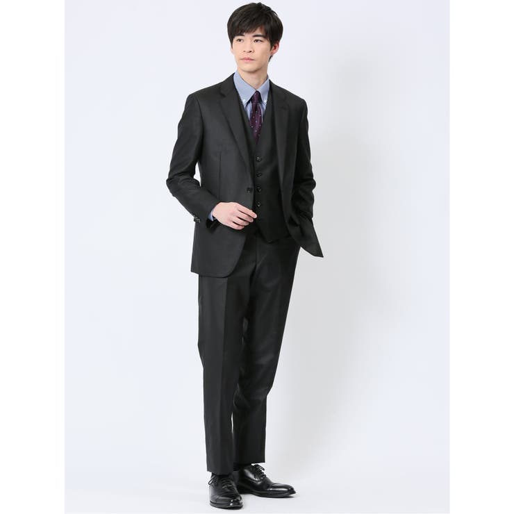 05黒 | 光沢ウール混 スリムフィット 2ボタン3ピーススーツ 千鳥黒 | TAKA-Q MEN
