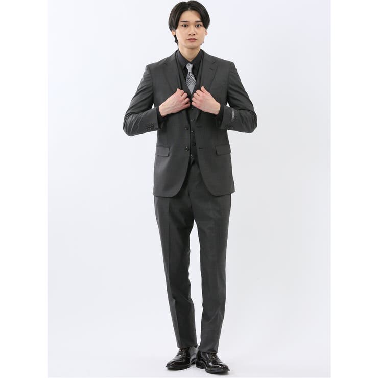 06グレー | 光沢ウール混 スリムフィット 2ボタン3ピーススーツ 組織グレー | TAKA-Q MEN