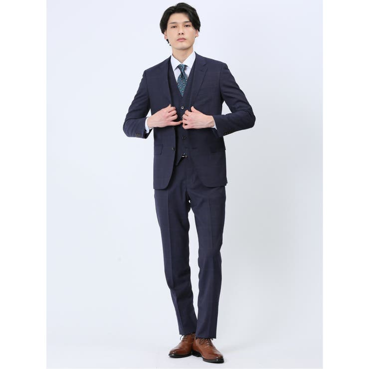 光沢ウール混 スリムフィット 2ボタン3ピーススーツ チェック紺 | TAKA-Q MEN | 詳細画像1 