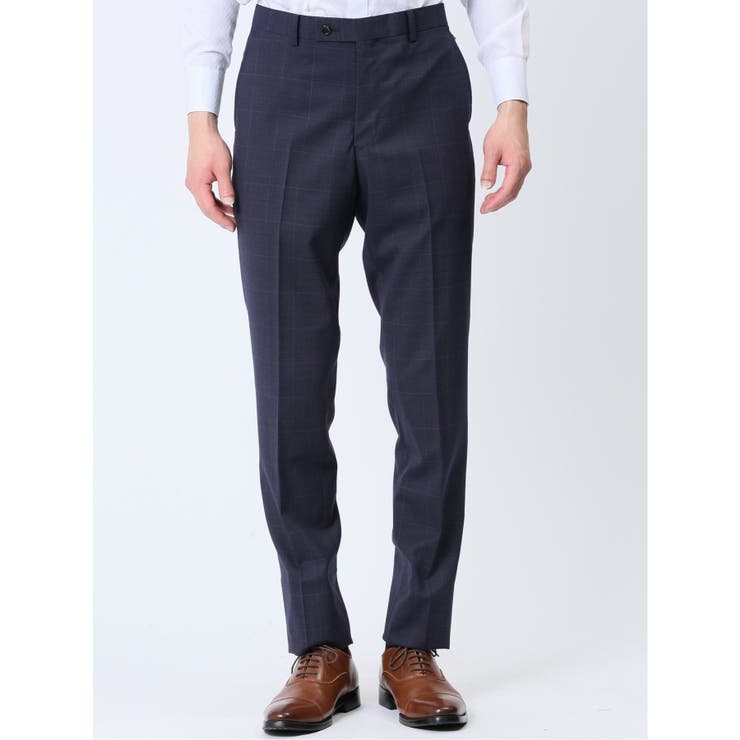 光沢ウール混 スリムフィット 2ボタン3ピーススーツ チェック紺 | TAKA-Q MEN | 詳細画像10 