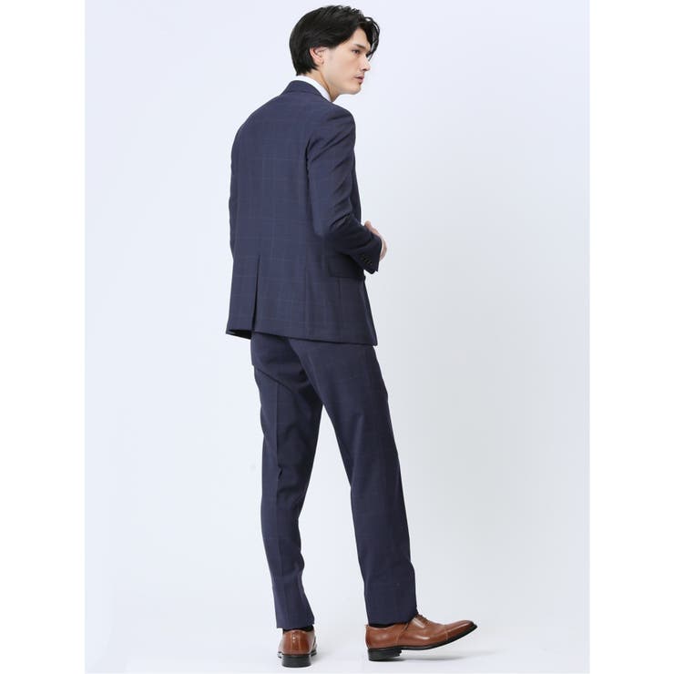 光沢ウール混 スリムフィット 2ボタン3ピーススーツ チェック紺 | TAKA-Q MEN | 詳細画像3 