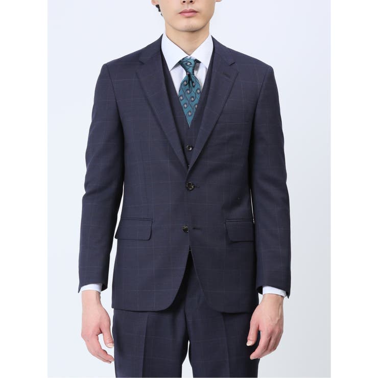 光沢ウール混 スリムフィット 2ボタン3ピーススーツ チェック紺 | TAKA-Q MEN | 詳細画像4 
