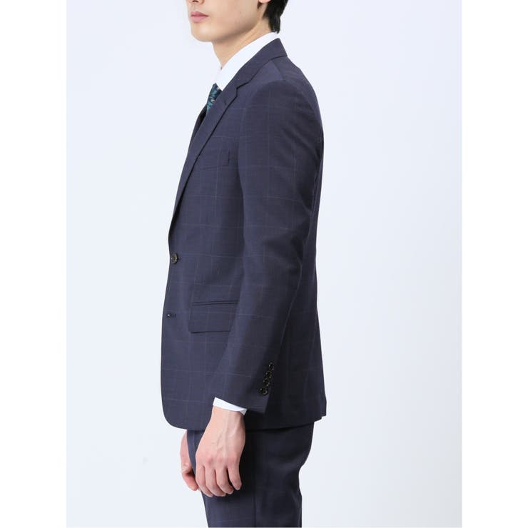 光沢ウール混 スリムフィット 2ボタン3ピーススーツ チェック紺 | TAKA-Q MEN | 詳細画像5 