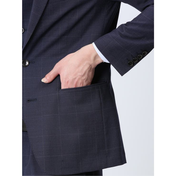 光沢ウール混 スリムフィット 2ボタン3ピーススーツ チェック紺 | TAKA-Q MEN | 詳細画像7 