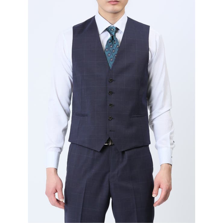 光沢ウール混 スリムフィット 2ボタン3ピーススーツ チェック紺 | TAKA-Q MEN | 詳細画像8 