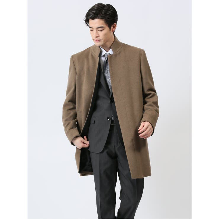 ウール100% スタンドコート 無地モスグリーン[品番：TKQJ0024149