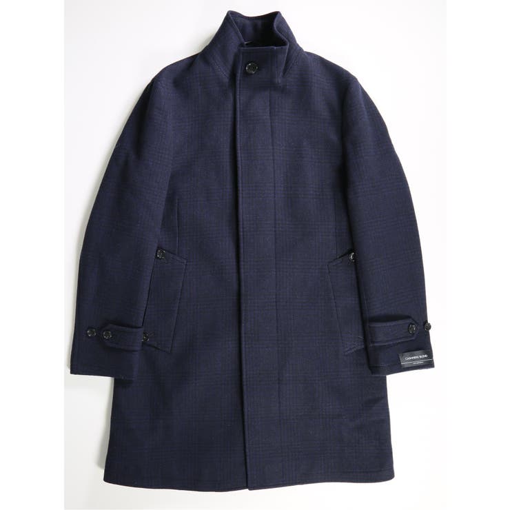 カシミヤ混ウール スタンドレイヤードコート チェック紺[品番