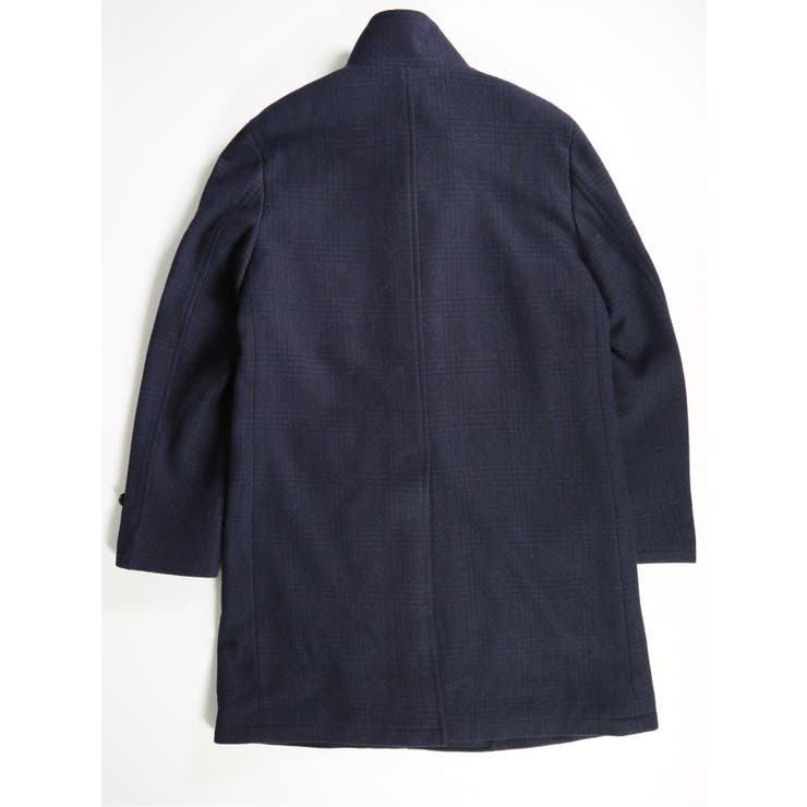 カシミヤ混ウール スタンドレイヤードコート チェック紺[品番