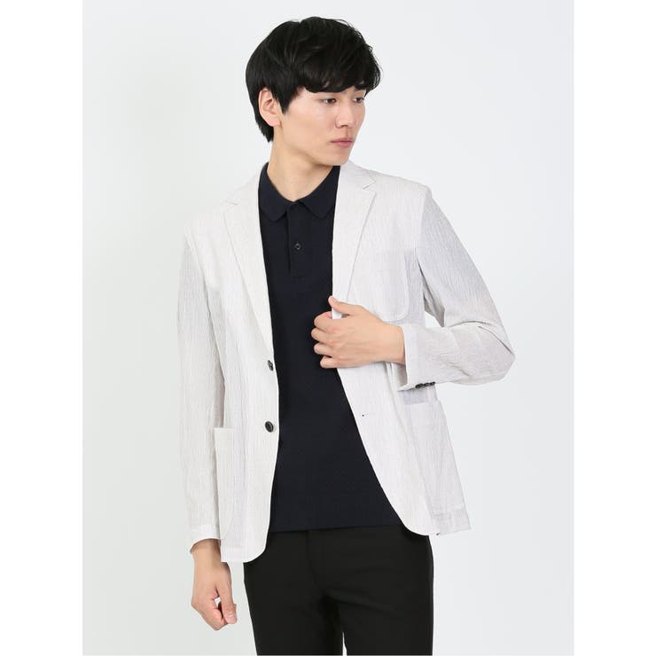 01白 | トリコットプリント スリムフィット 2ボタンジャケット 白 | TAKA-Q MEN