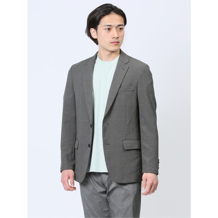 軽量メッシュ スリムフィット 2ボタンジャケット チェックグレー | TAKA-Q MEN | 詳細画像1 