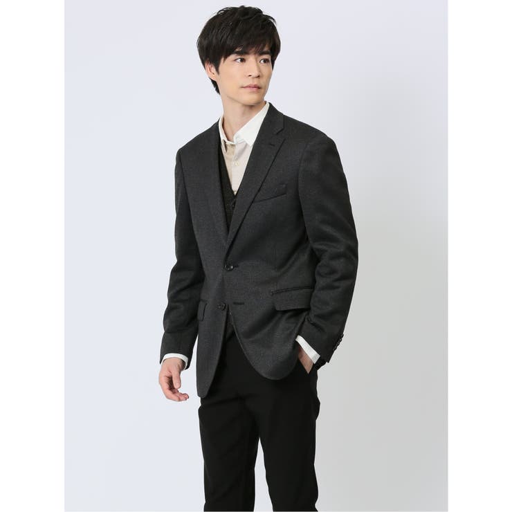 テックツイード レギュラーフィット 2ボタンジャケット チェック黒 | TAKA-Q MEN | 詳細画像1 