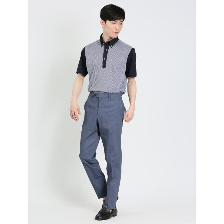 クロスストレッチ スリムフィット ノータックスラックス ヘリンボン青