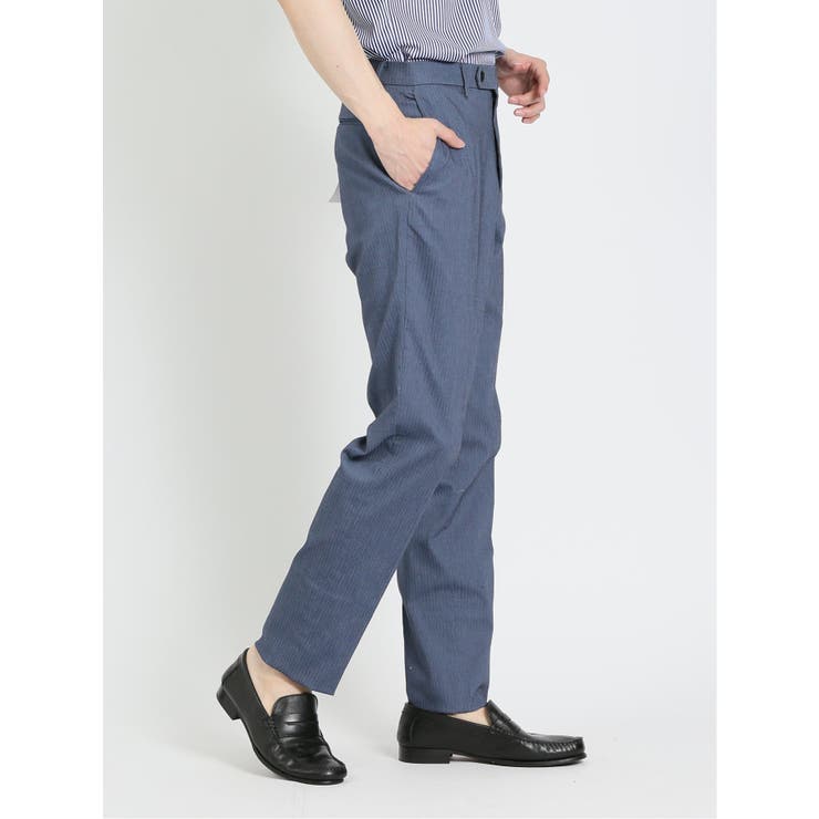 クロスストレッチ スリムフィット ノータックスラックス ヘリンボン青