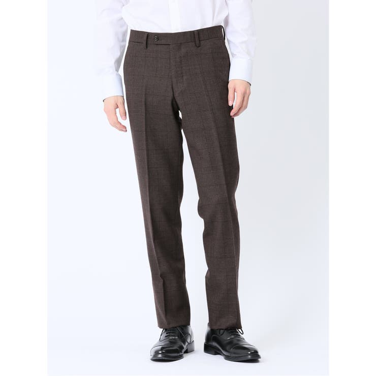 35こげ茶 | ウール混 スリムフィット ノータックスラックス バーズアイこげ茶 | TAKA-Q MEN