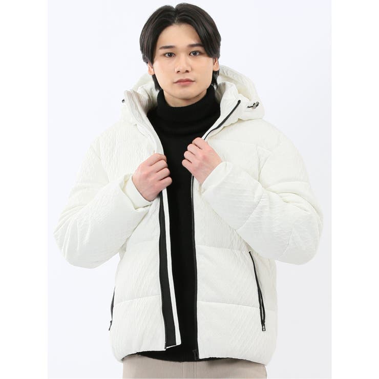 01白 | カットジャガード フード脱着 中綿ブルゾン | TAKA-Q MEN