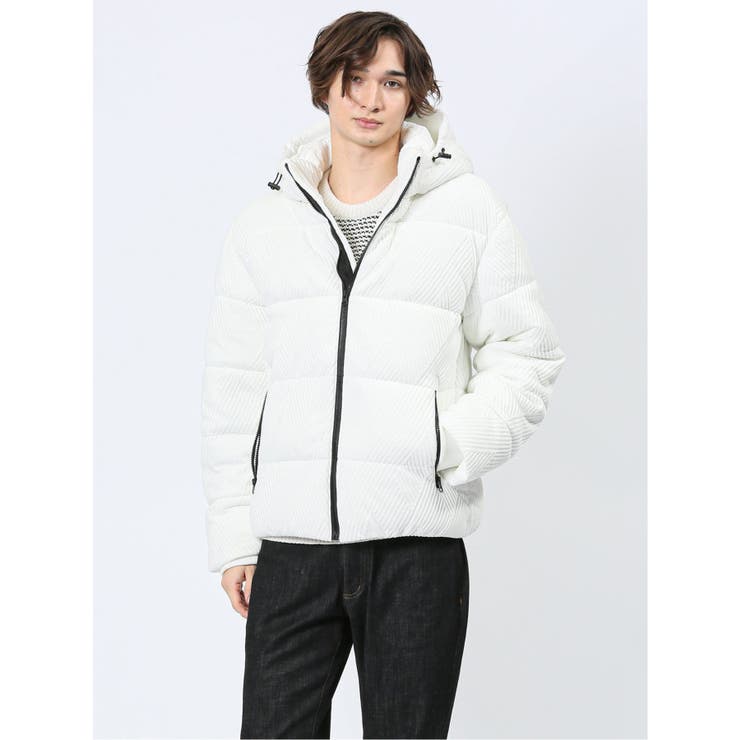   フード付きジャケット L ホワイト フード脱着 ふくれジャガード 中綿ブルゾン[品番：TKQJ0024231]｜TAKA