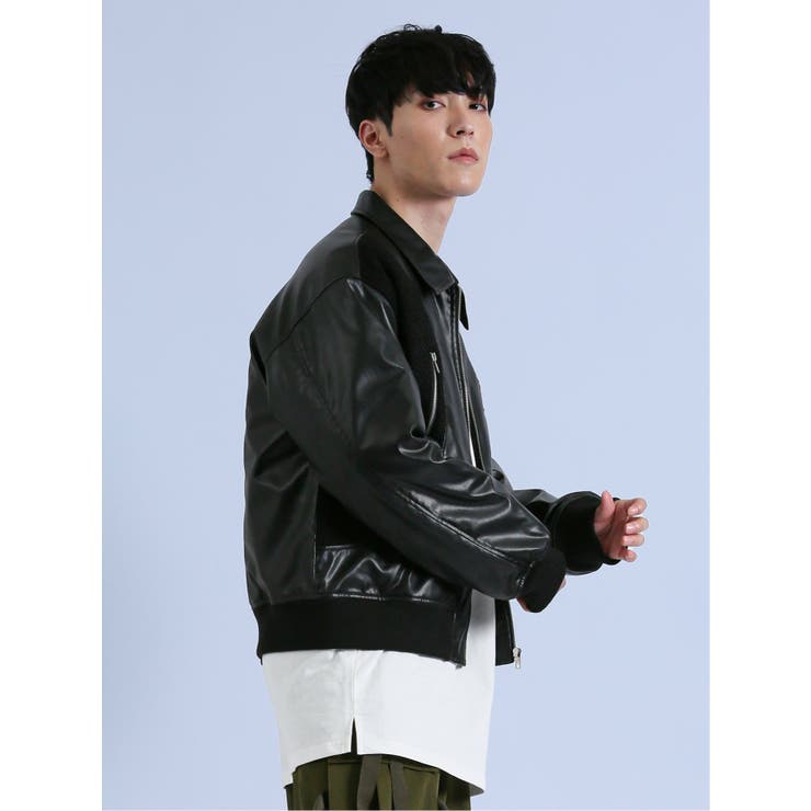 ツイード調×フェイクレザー 切替ブルゾン[品番：TKQJ0019964]｜TAKA-Q