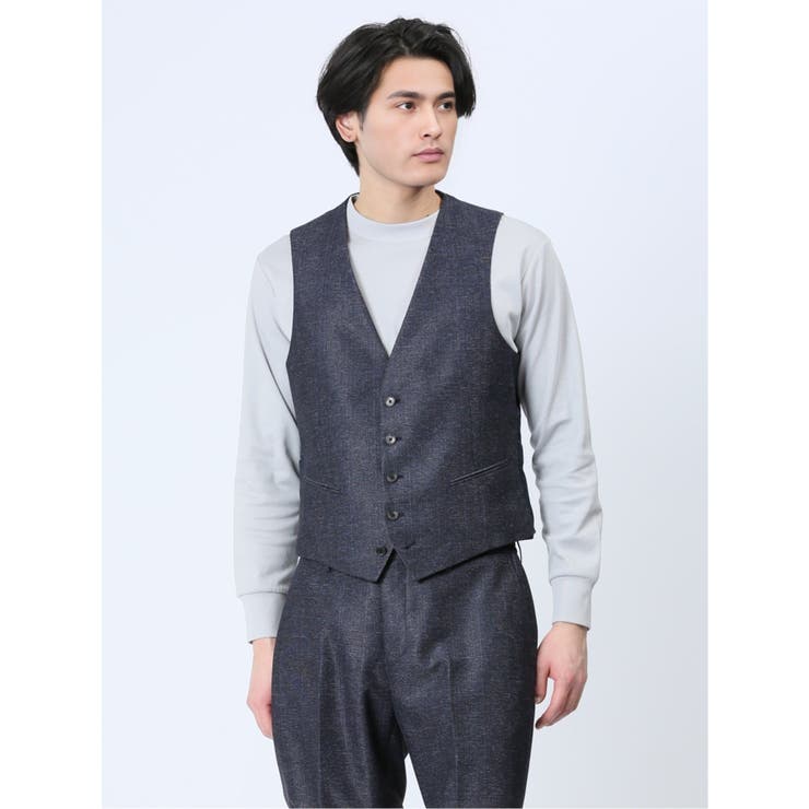 TechLinen スリムフィット ジレベスト チェック紺(セットアップ可能) | TAKA-Q MEN | 詳細画像1 
