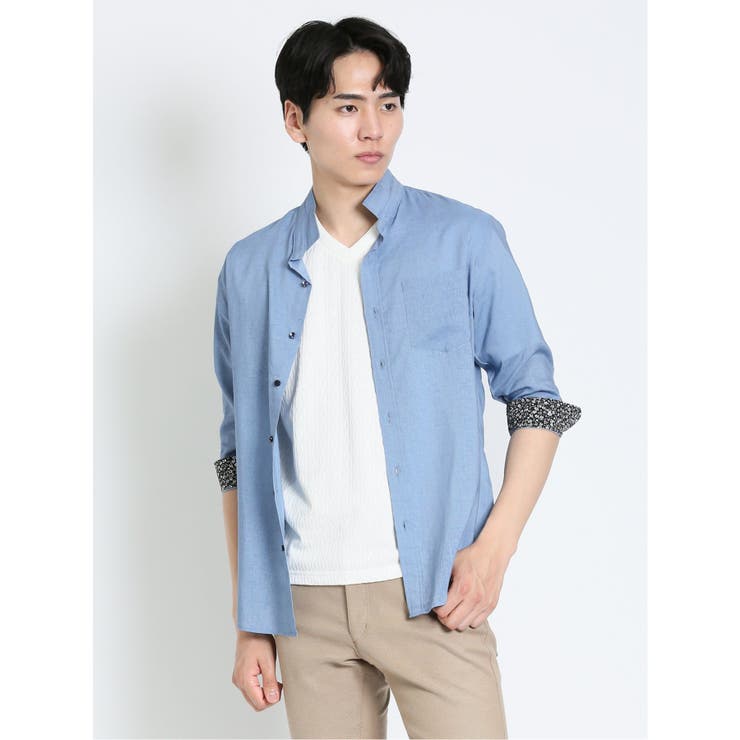 【公式】TAKA-Q MEN 麻混スタンドウイングカラー 7分袖シャツ 通販 服 63スモーキーグリーン SHOPLIST/ショップリスト