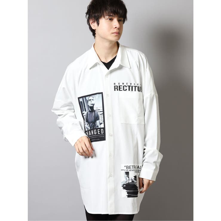 01白 | エステル転写プリント 長袖BIGシャツ | TAKA-Q MEN