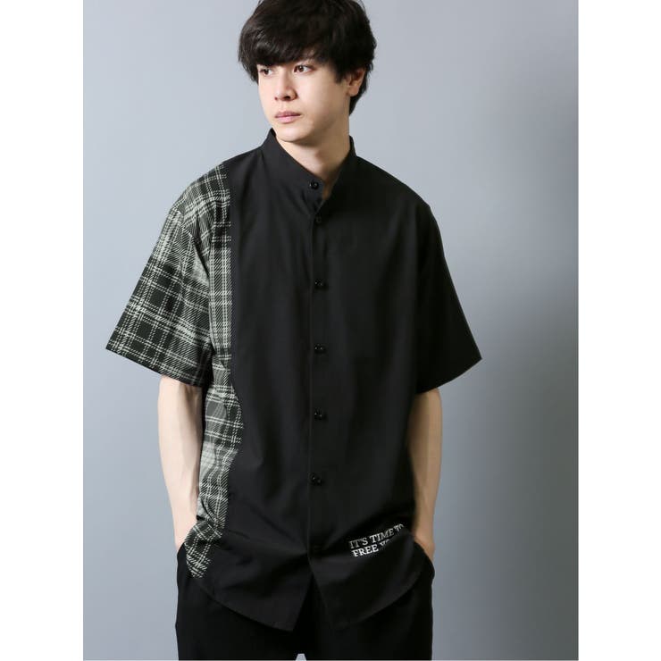 05黒 | 切替バンドカラー 半袖BIGシャツ | TAKA-Q MEN