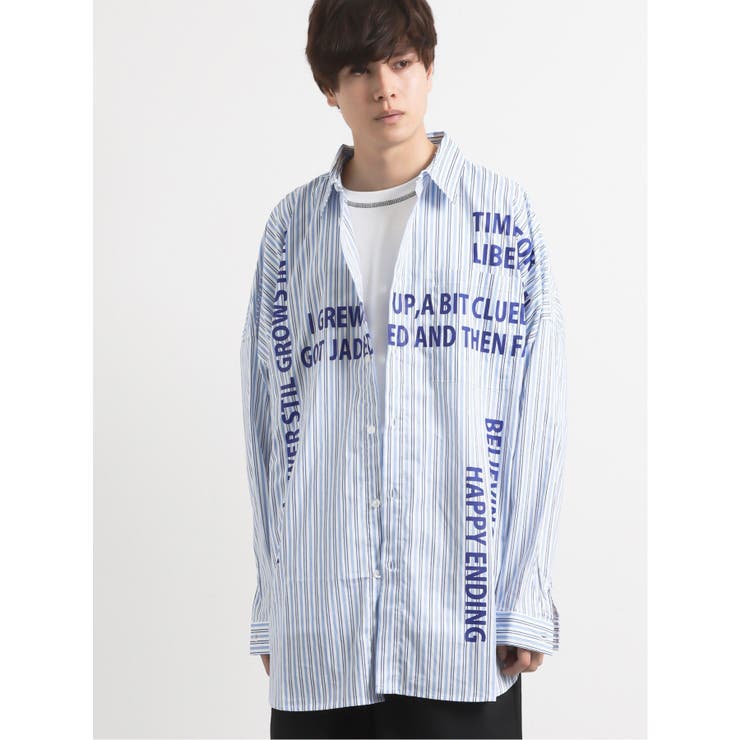 70青 | ストライプ柄ロゴプリント長袖BIGシャツ | TAKA-Q MEN