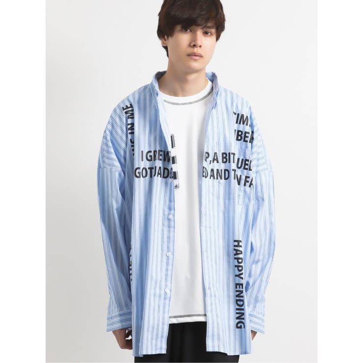 75紺 | ストライプ柄ロゴプリント長袖BIGシャツ | TAKA-Q MEN